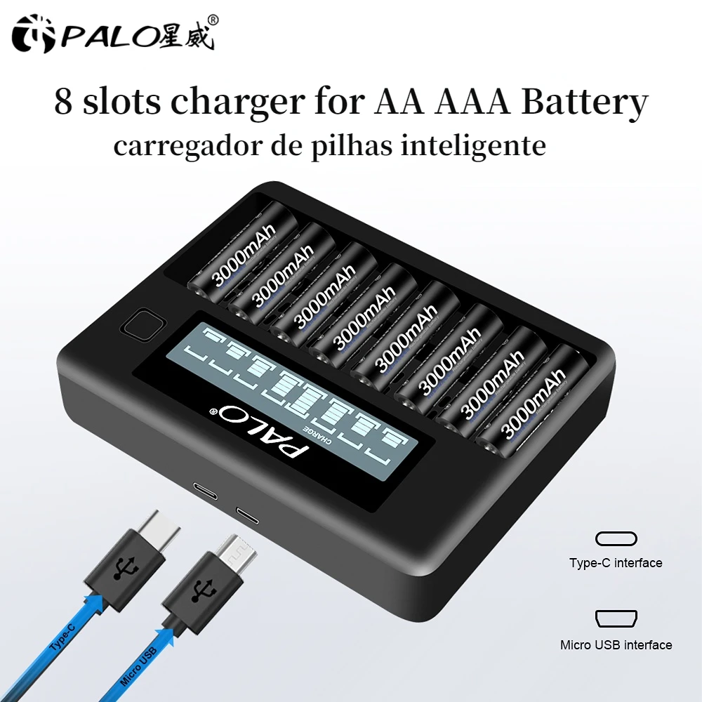 

PALO 4-8 Slots Battery Charger For 1.2V AA AAA Ni-MH Rechargeable Battery 1.2V 3A 2A Battery Charger LCD Screen Smart Charger