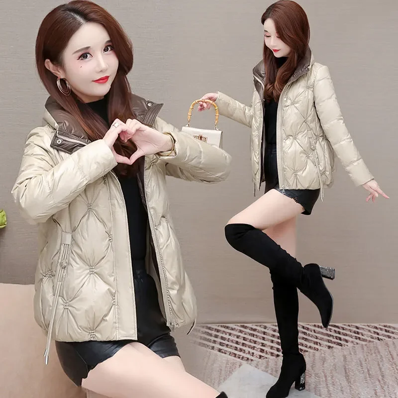 

Autumn Winter New Sle Women's ort Cotton Jaet Glossy Surface Loose Fit Stand Collar Warm Outerwear Korean Version