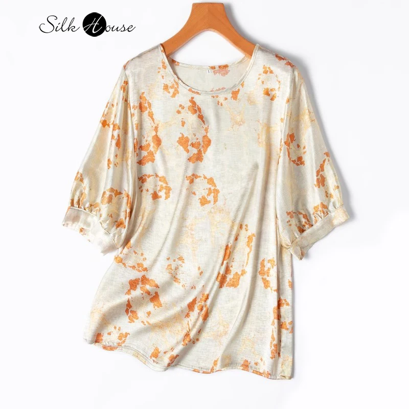 Artistic Ink Print 92% Natural Mulberry Silk Jacquard SangBo Satin Round Neck Lantern Sleeve Loose Fitting Women's T-shirt