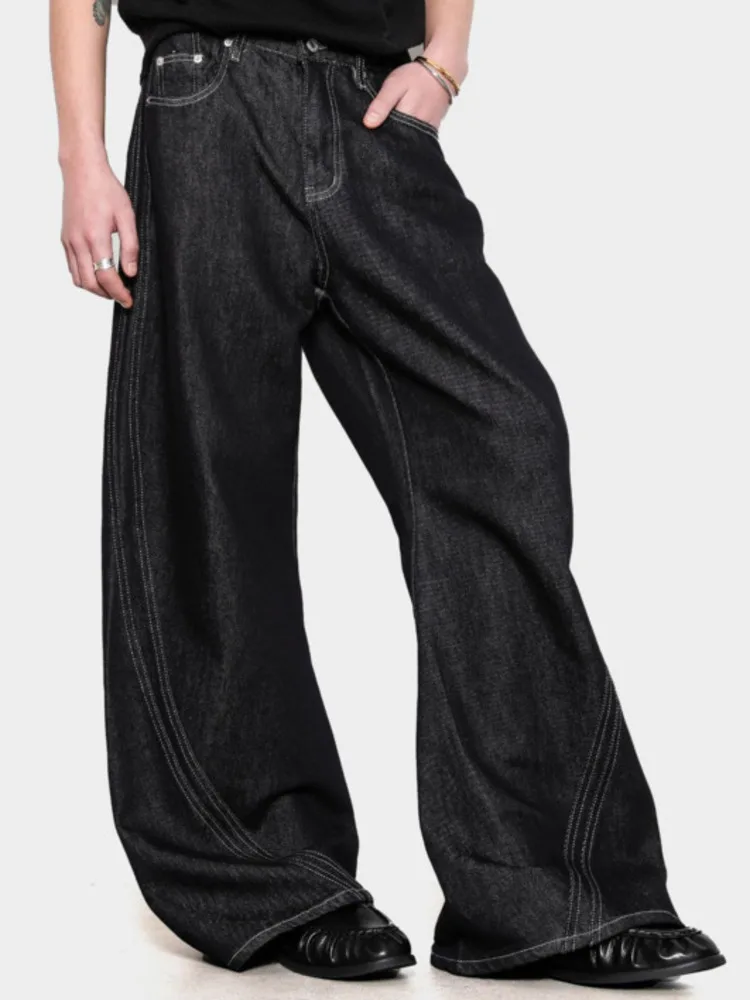 Men's Spliced Design Wide Leg Denim Pants Loose Fit American Style Casual Curved Pants 2026 New Chic Straight Jeans HGY78