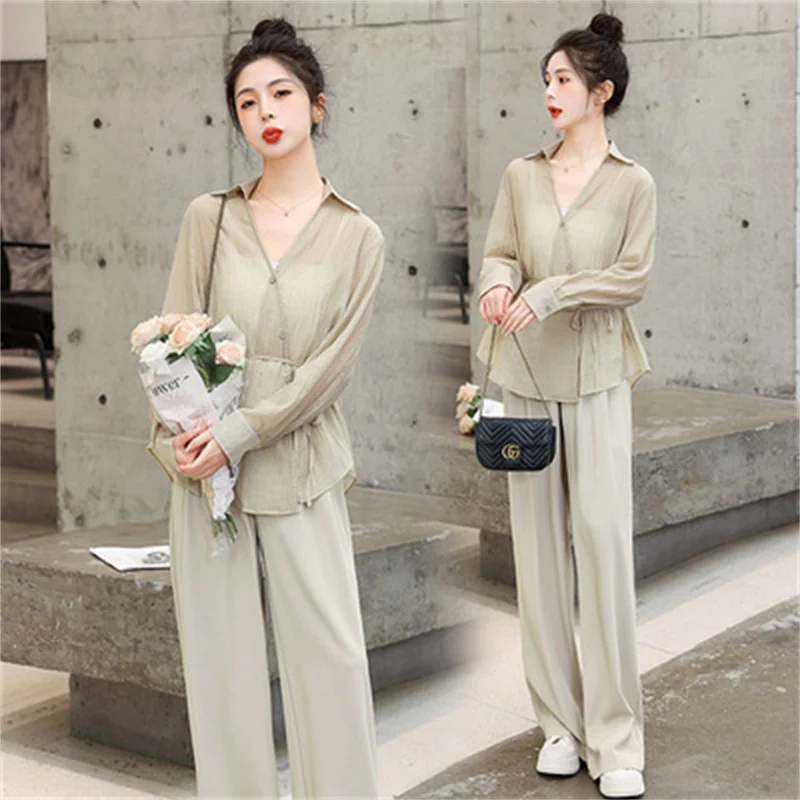 

Cotton and Hemp Suit Female 2023 Spring Autumn New Lazy Wind Fashion Temperament Shirt Showing Thin Wide Leg Pants Two-Piece Set