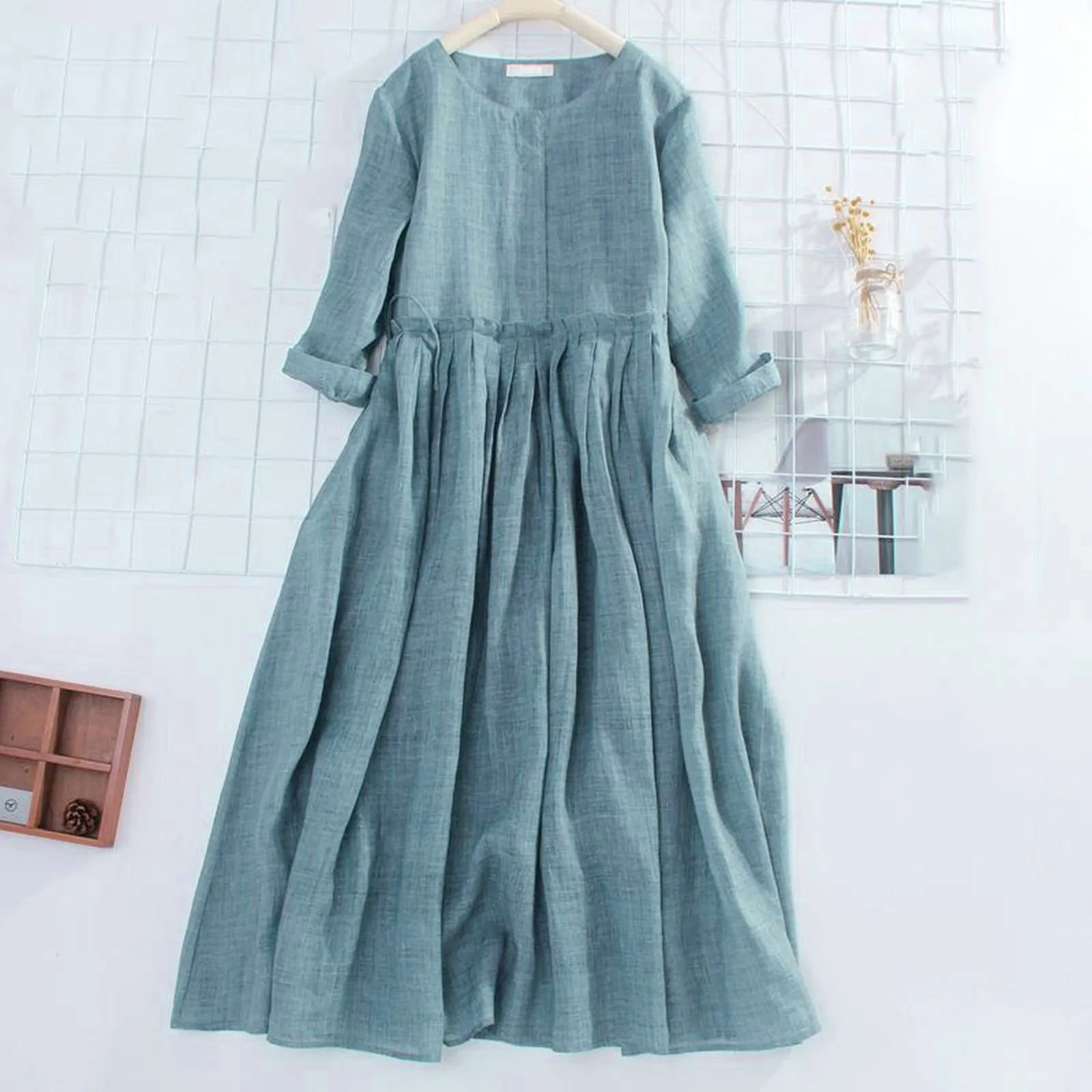 

Women's Dress Spring And Summer Round Neck Pleated Casual Dress Solid Colour Large Size Loose Comfortable Cotton Linen Dress