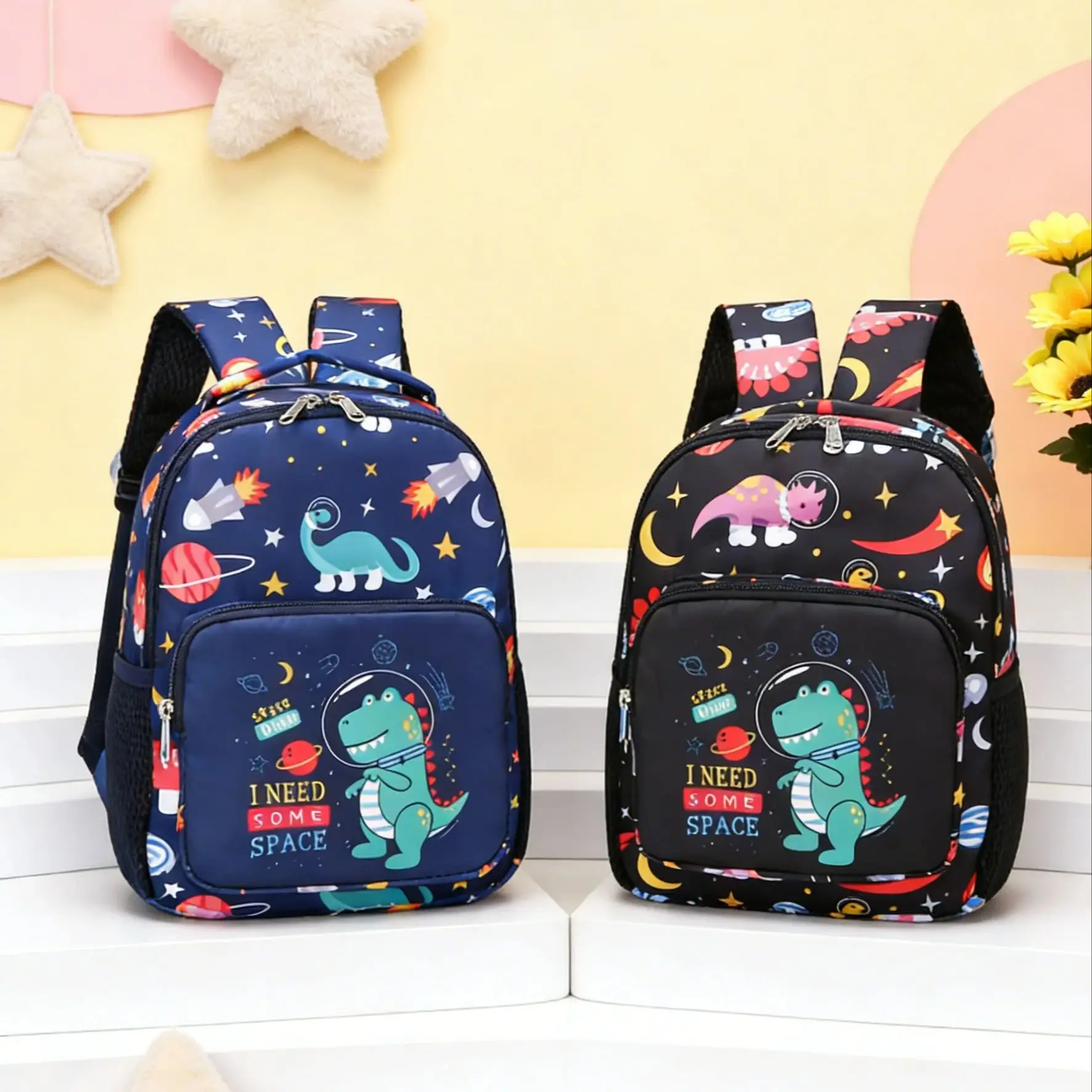 

Cute cartoon dinosaur space print children's backpack and crossbody bag, lightweight and foldable school bag.