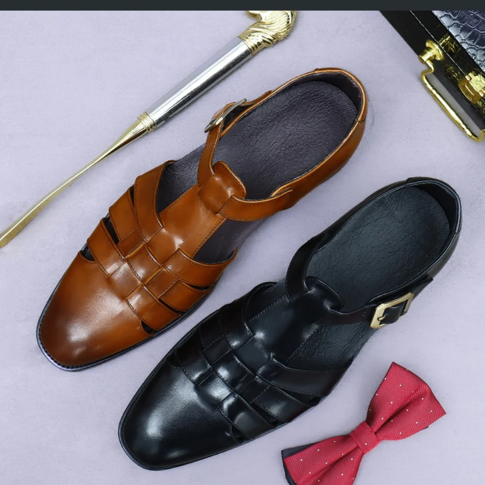 

Men's Genuine Leather Roman Sandals 2025 Summer Black Retro Brown Layer Cowhide Driving Walking Confortable Shoes Large Size 46