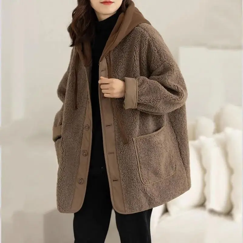 

Lamb Plush Hooded Women's Baseball Jacket New 2024 Popular Spring and Autumn Winter Mid Length Thickened Top