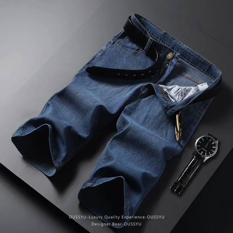 

2026 Summer Thin Men's Jeans Shorts Cotton Straight Casual Baggy Knee Pants Trendy Work Cargo Bermuda Mid-Length Denim Jorts Man