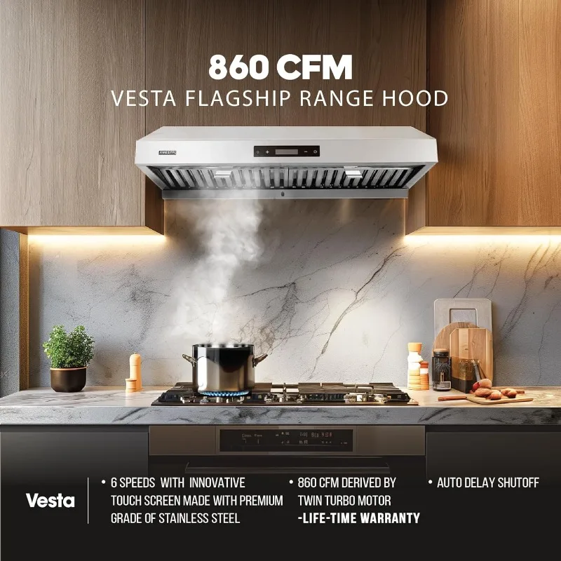 860CFM 30'' Stainless Steel Range Hood With Dual Motor, Auto Delay Shutoff, Contemporary Design, (Stainless Steel)