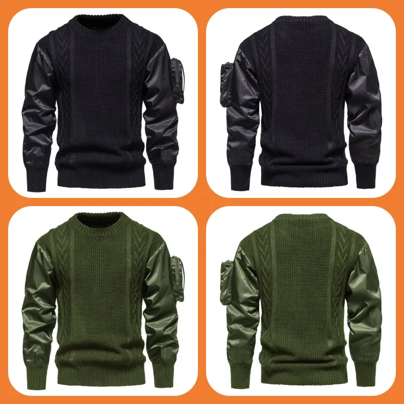 Men's autumn patchwork trendy side pockets design long sleeved round neck knitted pullover