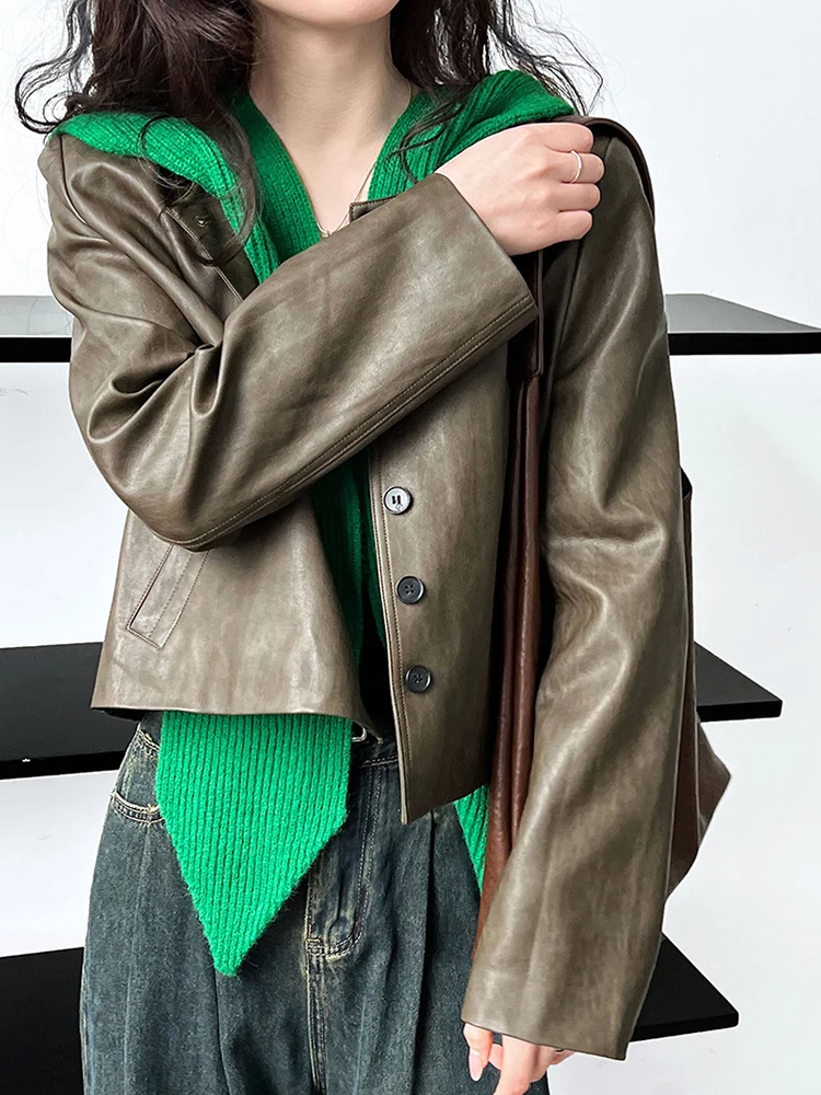 YERMORA Women Green PU Leather Button Vintage Short Jacket O-neck Long Sleeve Loose New Coat Fashion Tide Spring Autumn 2025