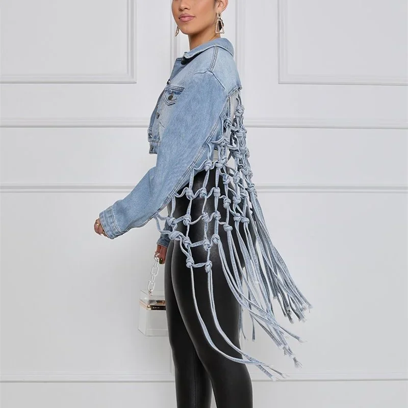 Fashion Back Mesh Tassels Knot Splicing Jackets Women's Lapel Single-breasted Cardigan Denim Coat Female Street Style Outerwear