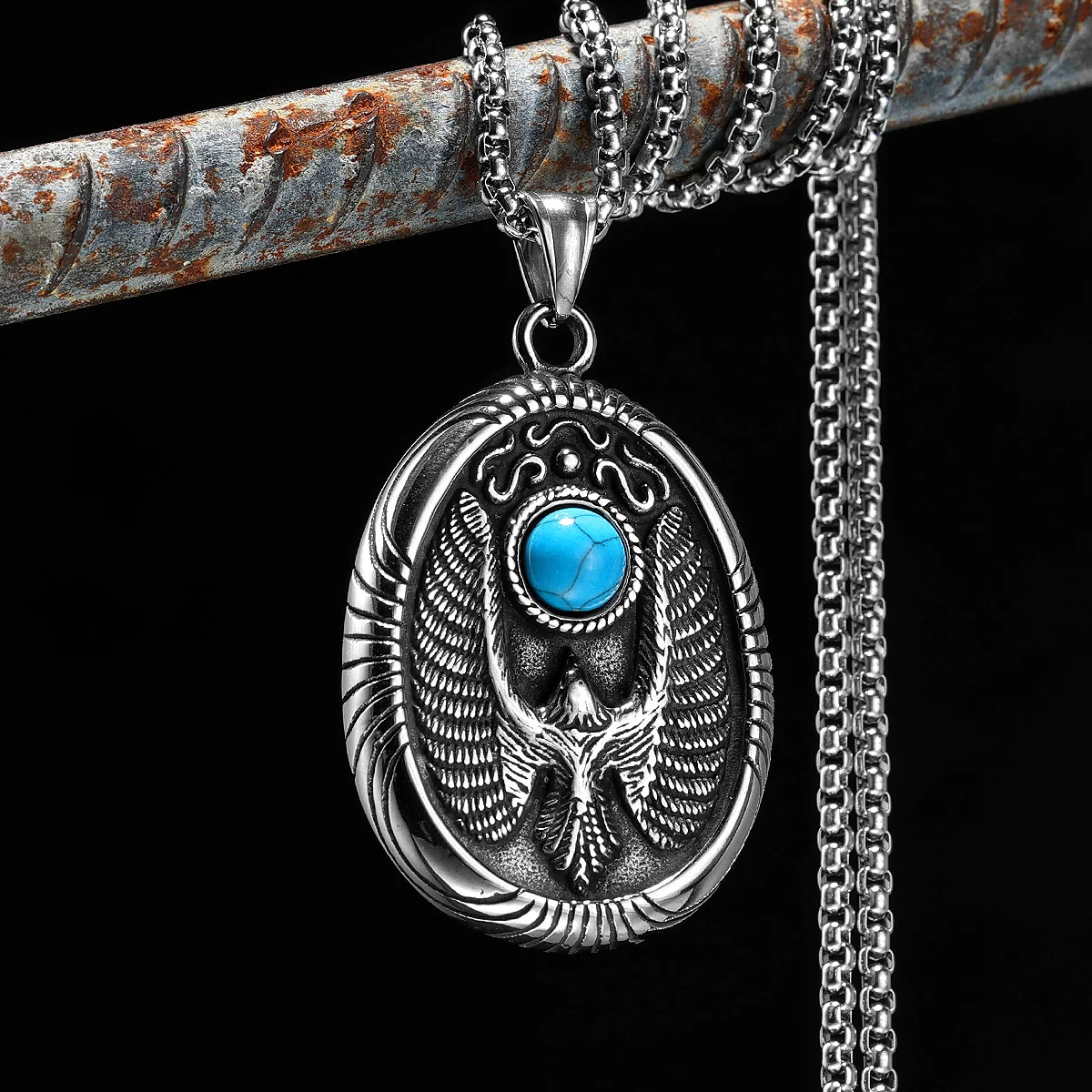 Eagle Turquoise Pendants Retro Necklace Eagle Stainless Steel Men Amulet Chain Freedom Rock Party Jewelry Xmas Gift for Biker
