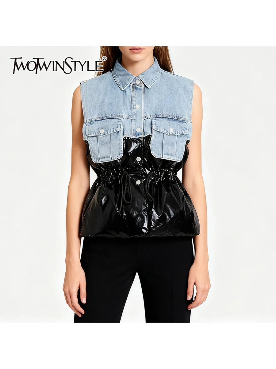 TWOTWINSTYLE Hit Color Spliced Cowboy Pockets Fashion Vests for Women Lapel Sleeveless Tunic Patchwork Lace Up Vest Female New