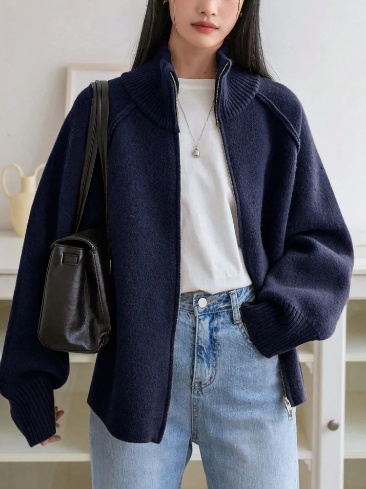 New in Lazy Wind Sweater Jacket Women's 2026 Autumn Winter Korean Solid Color Stand-up Neck Zipper Knitted Cardigan Top