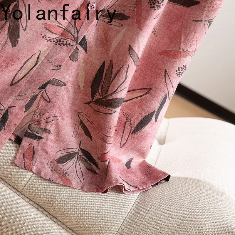 YOLANFAIRY 70% 뽕나무 실크 30% 코튼 드레스 여성 우아한 프린트 셔츠 드레스 여성 라운드 넥 하프 슬리브 여성 드레스