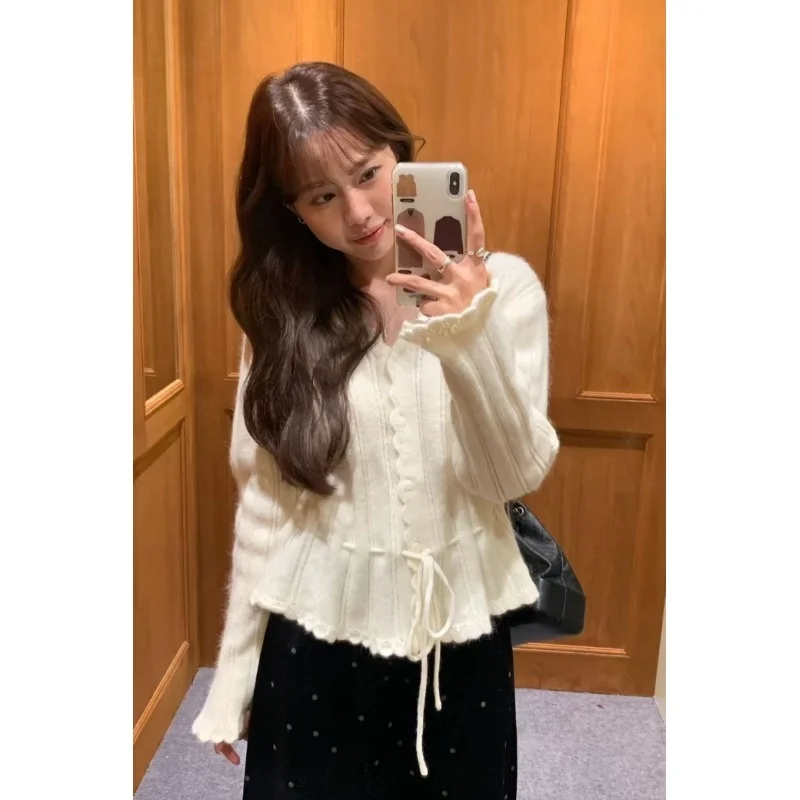 

Korean Sle Women's Knitted Open Cardigan V-Ne Waist-Cinching Belted Sweater Sweet Youthful Winter Slimming Effect