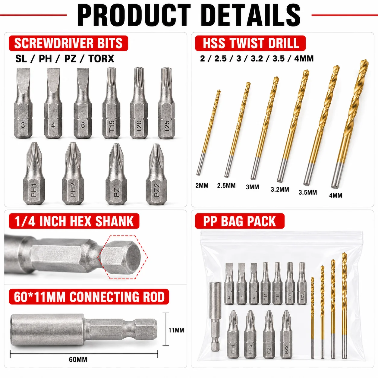 17-Piece Electric Drill Bit Set Ph Pz Torx Flathead Screwdriver Bits 2-4mm High-Speed Steel Twist Drill 1/ 4inch Hex Shank 60*11mm Connecting Rod Household Repair DIY Tools