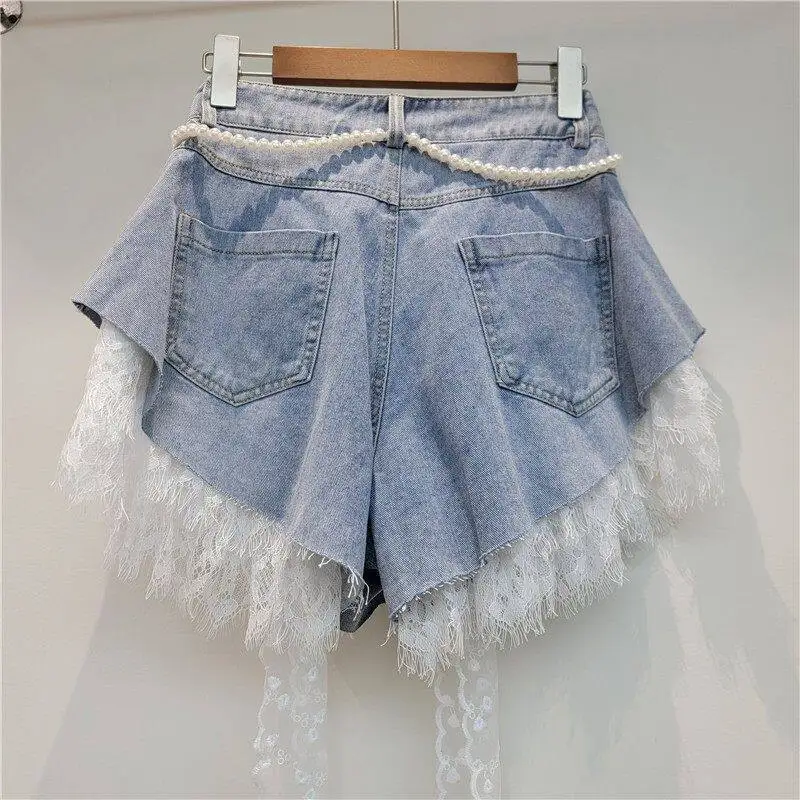 Lace Splicing Denim Shorts for Women 2026 Summer European Style Streetwear Hot Pants with Sashes A-line Slim-looking Shorts