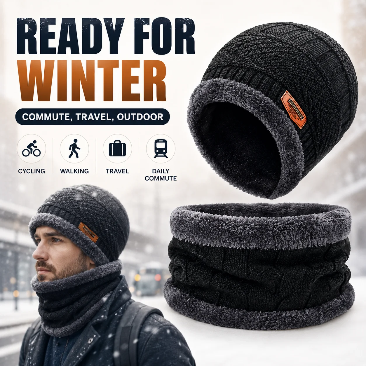 2PCS Winter Beanie Hat Neck Warmer Set Men Women Thick Fleece Lined Knit Cap Scarf Warm Windproof Cold Weather Outdoor Gift Wear
