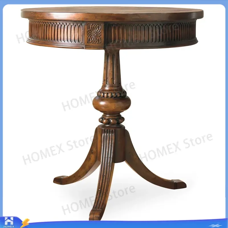 American Style Hand Carved Solid Wood Round Side Table Luxury Living Room End Table Vintage Coffee Table Home Decor Furniture