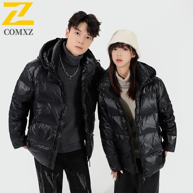 COMXZ 2025 Winter New Trend Men Hooded Down Jacket Fashion Thermal White Duck Down Coat Waterproof Windproof outdoor sports coat