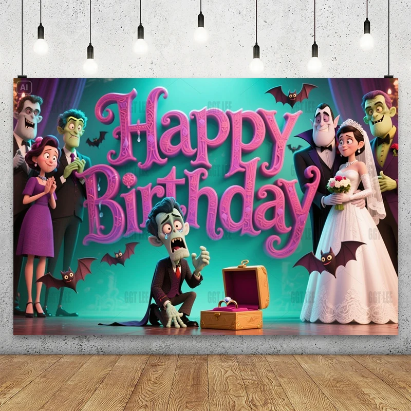 

Disney Hotel Transylvania Wedding Backdrop - Dracula Frankenstein Vinyl Decor Happy Birthday Photography Background Photo Custom