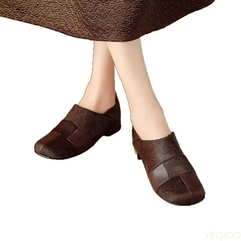 Moda confortável retalhos mocassins primavera verão outono novo um pé redondo dedo do pé boca rasa sapatos femininos versáteis