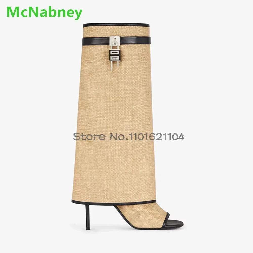 Splicing Open Toe Shark Boots For Female Women 2024 Autumn New Thin High Heel Luxury Metal Lock Design Slip-on Fashion Shoes