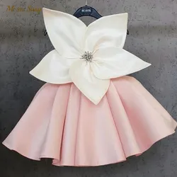 Fashion Girl Princess Satin Dress Sleeveless Child Vintage Big Flower Vestido Party Pageant Birthday Wedding Baby Clothes 1-12Y