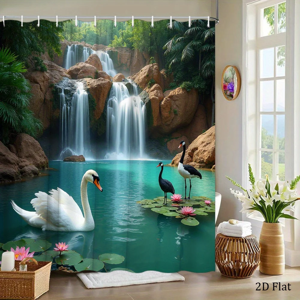 1pc Waterfall Swan Shower Curtain with Multi-Tiered Falls Rugged Rocks Swans Crane Water Lilies Lush Greenery Serene Ambiance 12