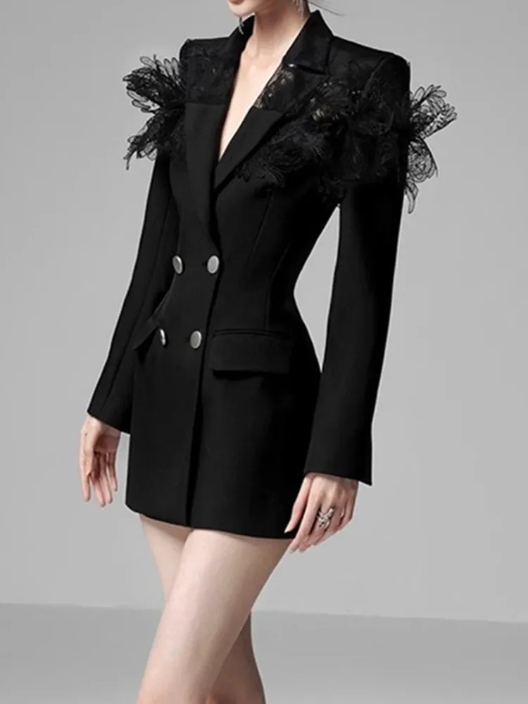 SMTHMA New Spring Autumn Black White Elegant Office Lady Blazer Dress Women Double Breasted Lace Patchwork Runway Short Dresses