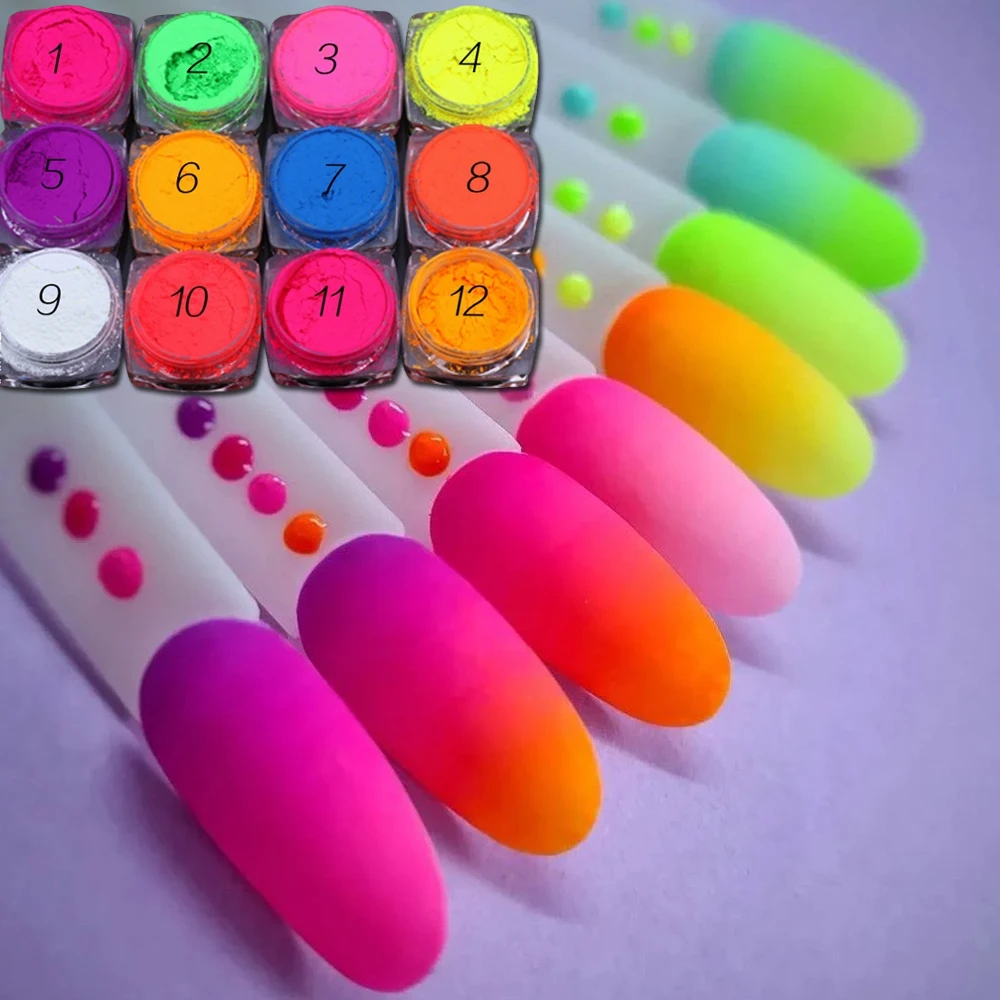 

Набор из 12 баночек неоновой флуоресцентной пудры для ногтей, летний флуоресцентный глиттер, хромированный пигмент для нанесения, DIY градиентный французский маникюр
