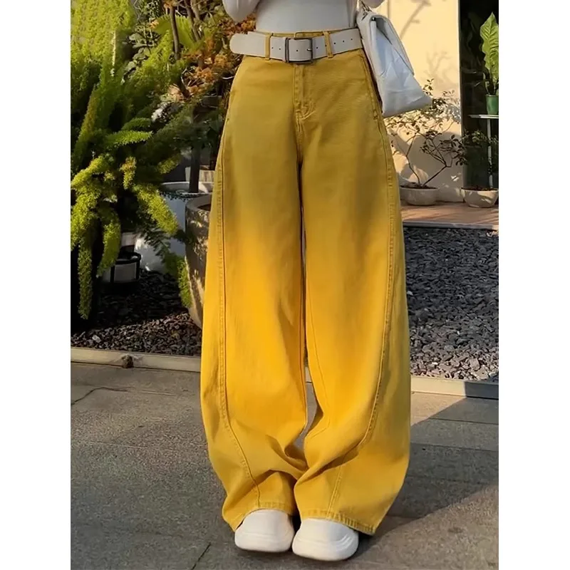 جينز Scimitar أصفر عصري للنساء، سروال أنيق للتخسيس وفضفاض متعدد الاستخدامات للخريف