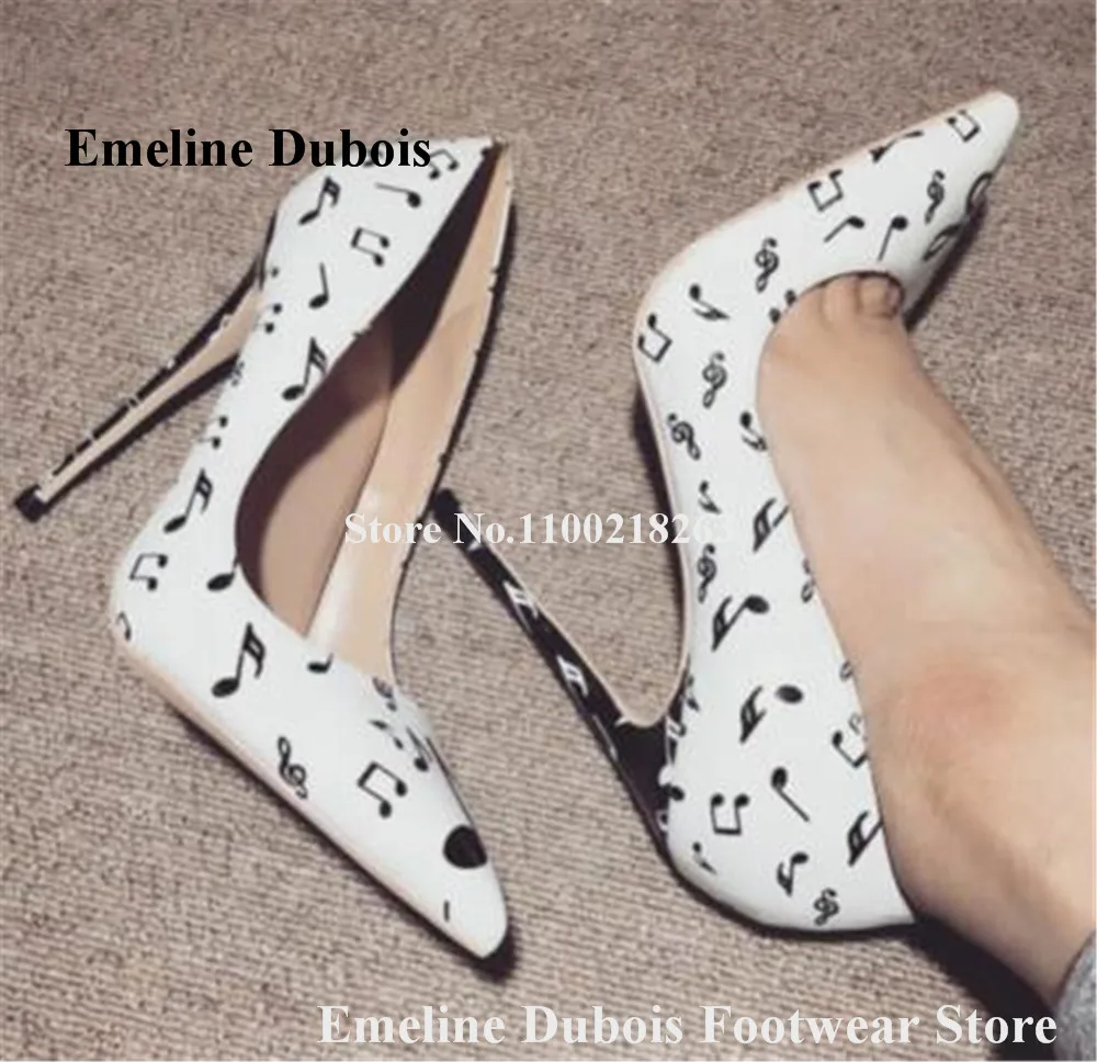 Unique Music Notes Printed Pumps Emeline Dubois Pointed Toe White Patent Leather Printing Stiletto Heel Dress Shoes Wedding Heel