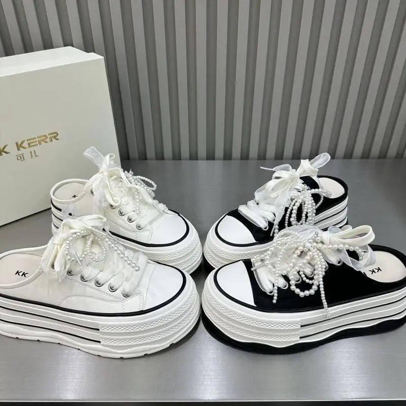 

Woman Platform Sneakers Wedge Slippers Female 5cm Height Increasing Lady Canvas Shoes Summer Fashion Bow Beading PU Slippers