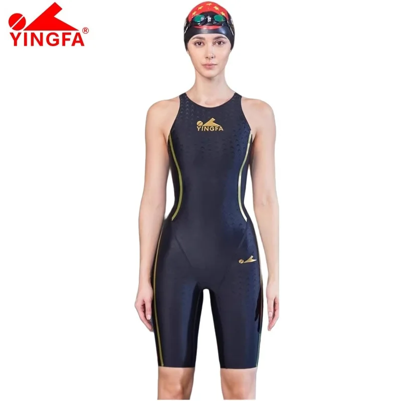 

Yingfa Black Sharkskin One Piece Swimsuit Knee Length Racing Swimsuit Female Swimming Outfit Women Professional Sporty Swimwear