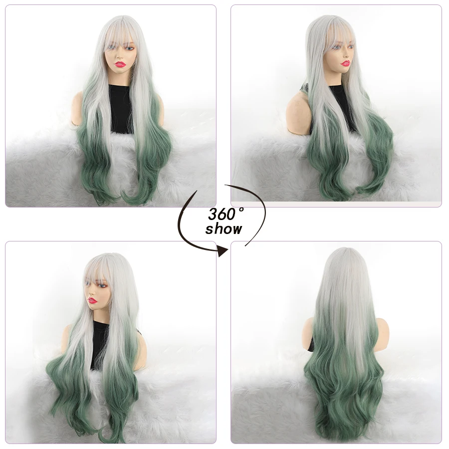 Silver White Gradient Dark green Synthetic Wigs With Bangs for Women Long Wavy Hair Wig Natural Cosplay Party Heat Resistant Eve