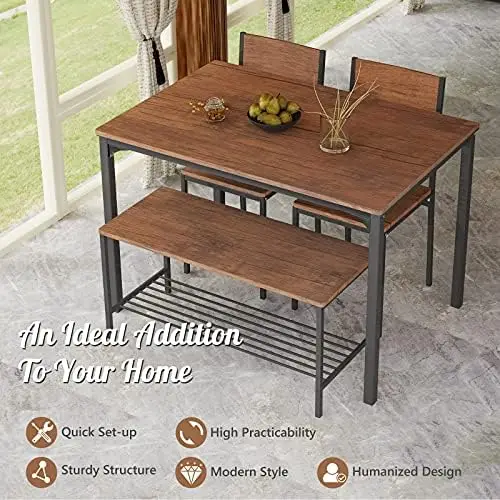 Set tavolo da pranzo 4 pezzi per 4, tavolo da cucina moderno con struttura in metallo e contenitore, marrone