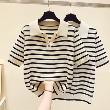 Women Clothing Fashion Polo-neck Striped Short Sleeve T-shirts Summer Vintage Button Sweet Knit Top Office Lady Loose Pullovers