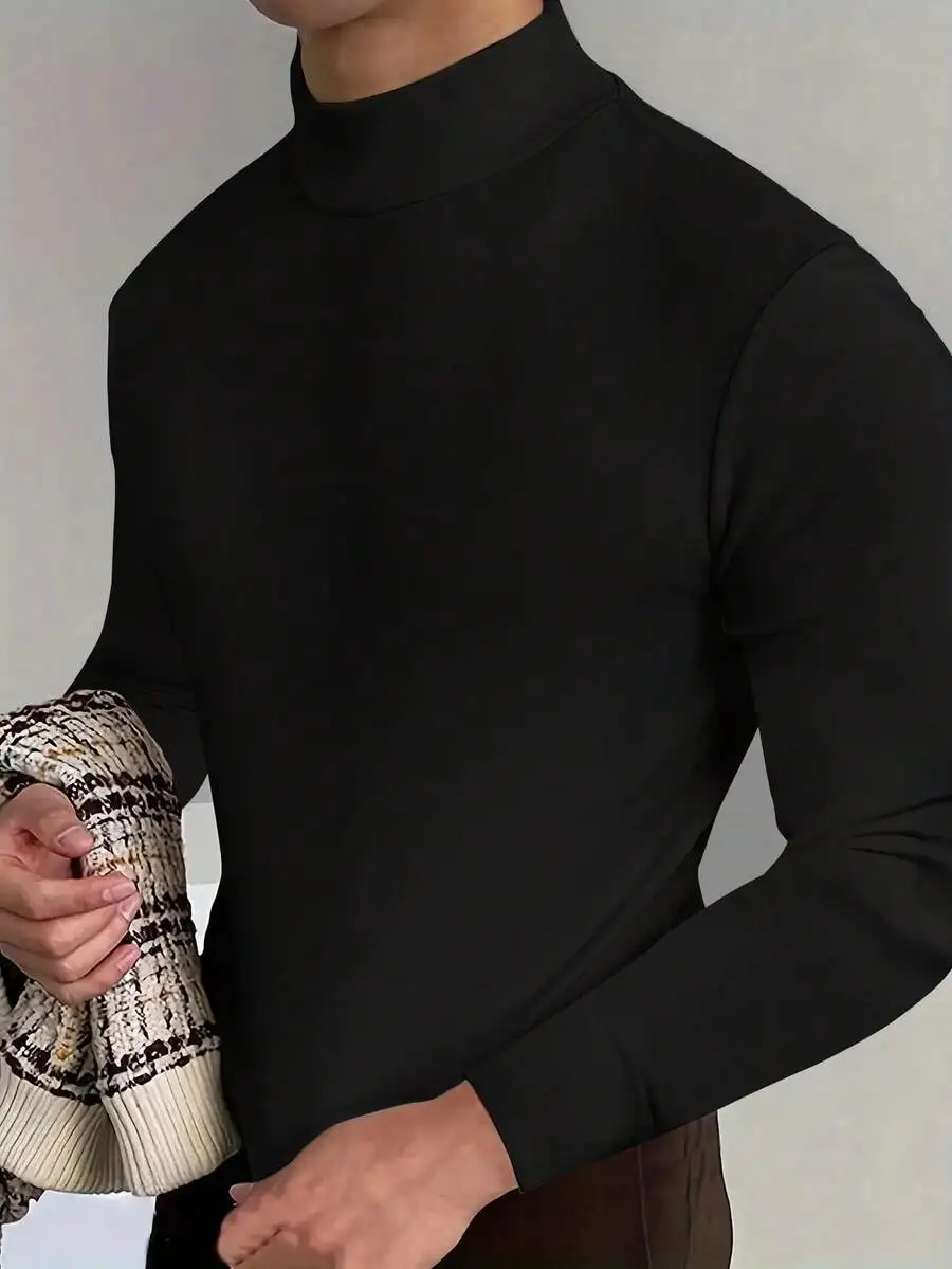 

Men's Solid Black Turtleneck Long Sleeve Pullover - Casual Slim Fit