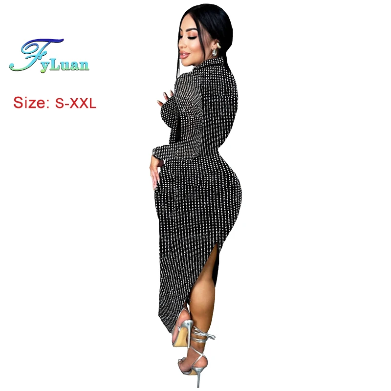 High Quality Women O Neck Long Sleeve Outfits Crop Top Rhinestones Decor Rear Slits SkirtBirthday Outfit Nightclub Two Piece Set