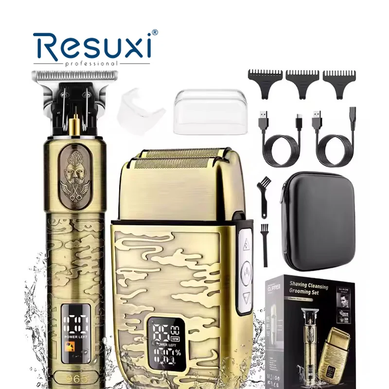 

Resuxi 965 NEW Electric Foil Shaver Hair Trimmer 2pcs Set Men's Grooming Set Metal Body with EVA Bag with All Gold Usb Type-c 5W