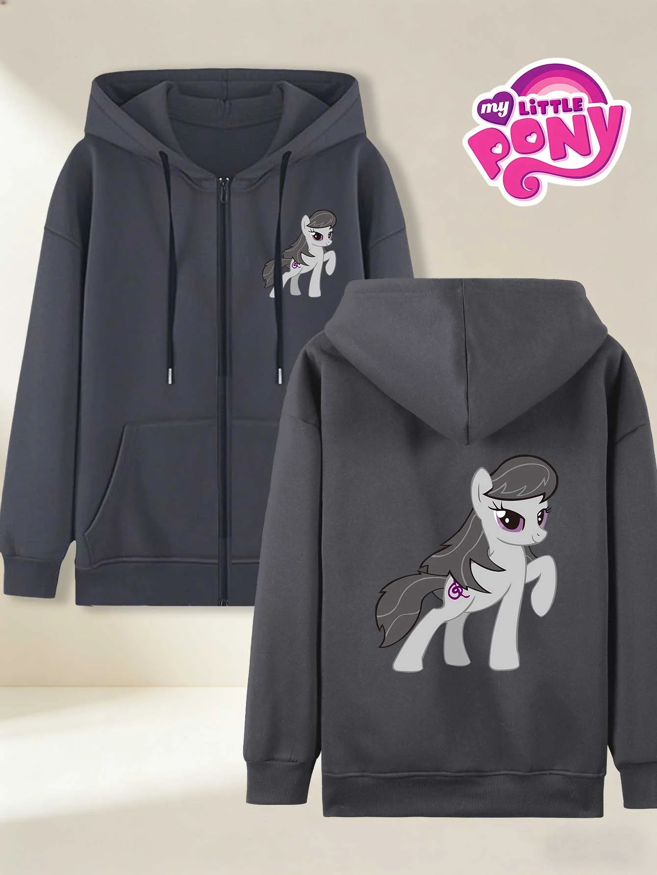 Sudadera con capucha para mujer Otoño/Invierno, colaboración My Little Pony, perfil lateral de pony gris con ojos morados de My Little Pony