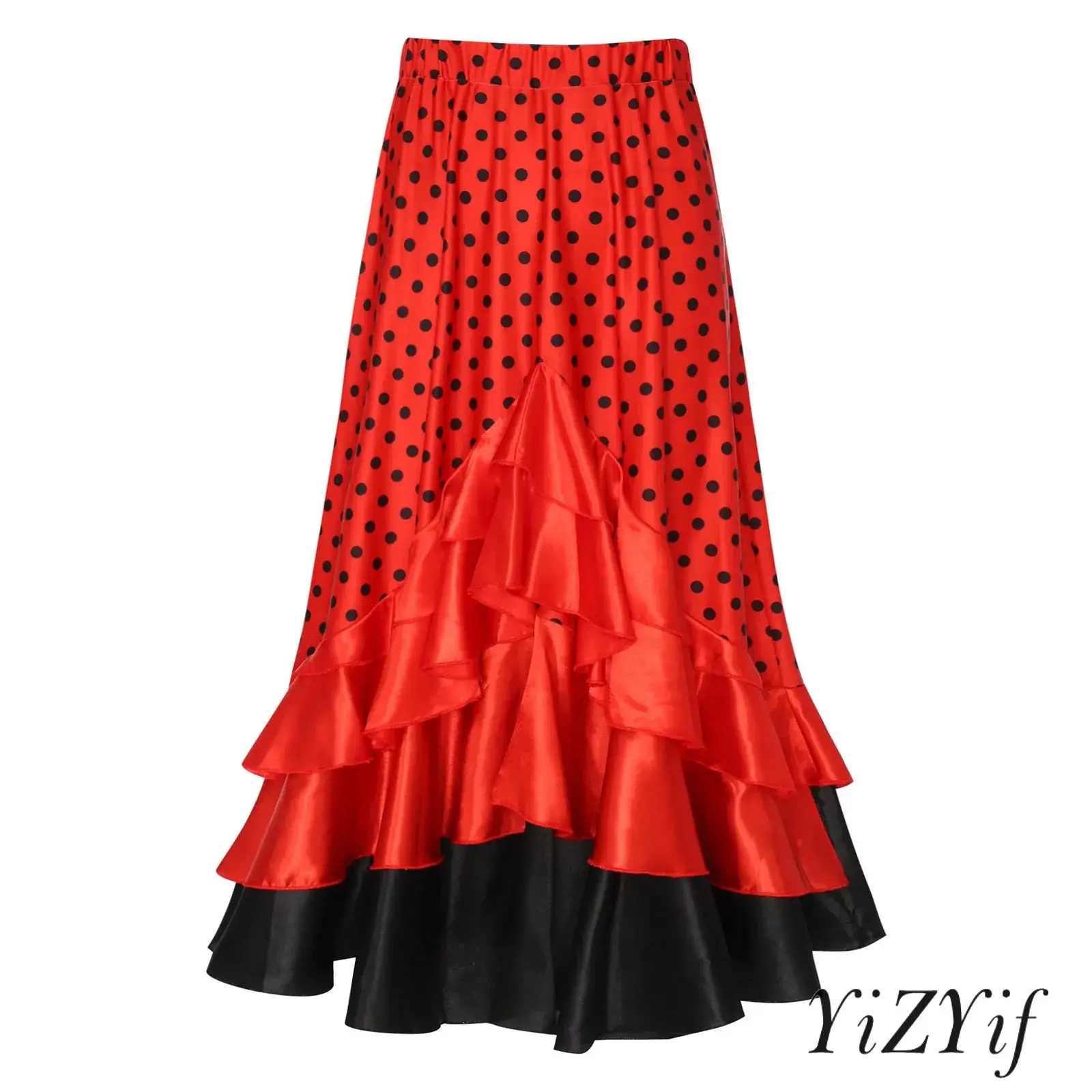 Dziecięcy Dziewczęcy Kostium do Tańca Flamenco Tango Hiszpańskiego, Spódniczka do Tańca w Kropki z Falbankami, Elastyczny Pas, Warstwowa Falbana, Strój do Tańca Latynoamerykańskiego