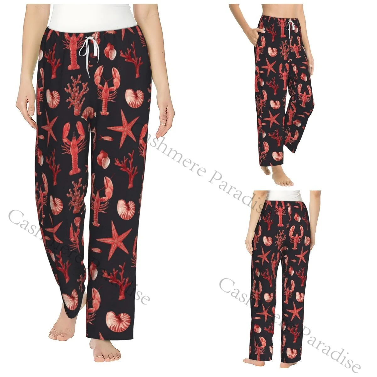 

Watercolor Lobsters Starfish Corals Nautilus Shells Flannel Pajama Pants for Women Soft Warm Sleep Pants with Elastic Waistband