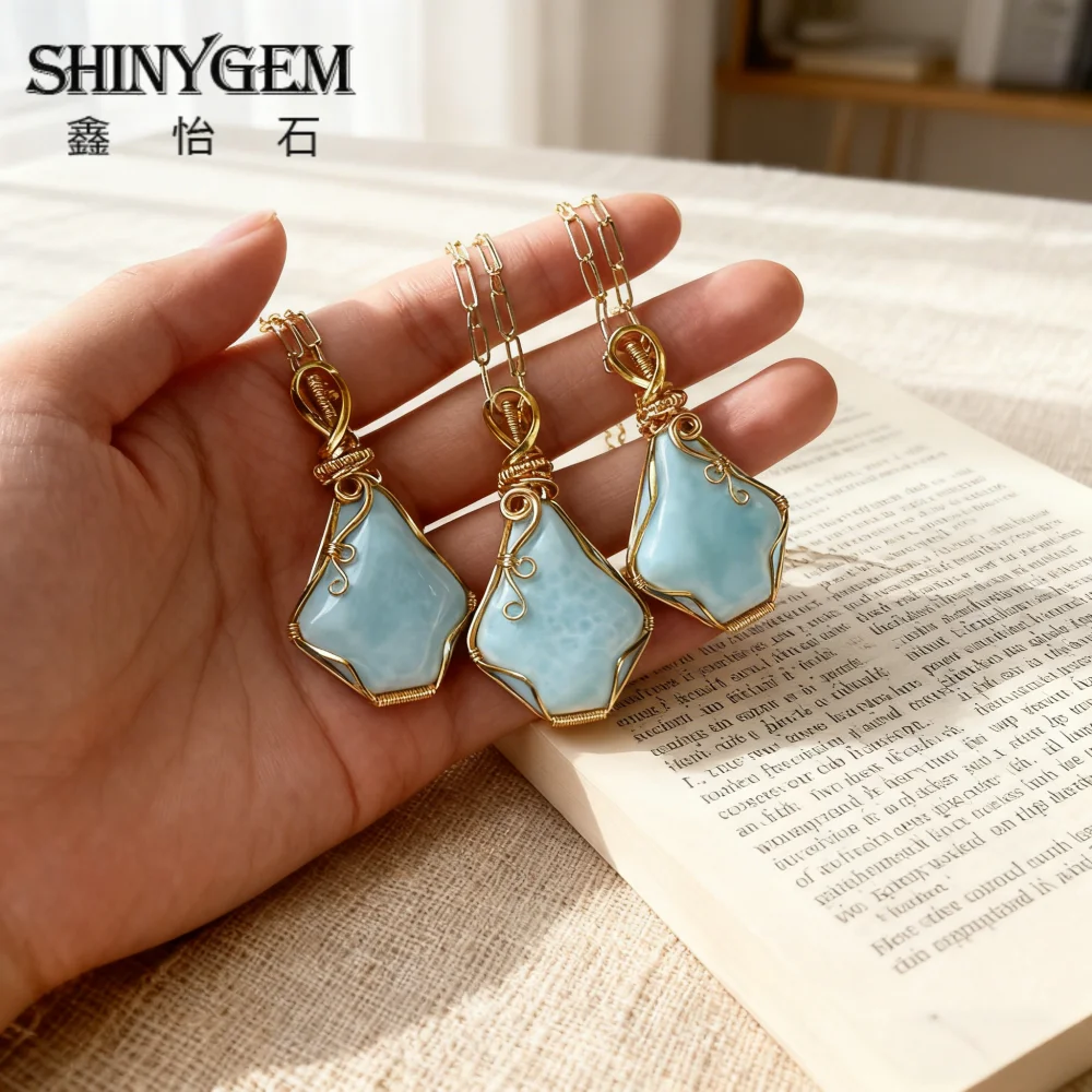 

SHINYGEM Handmade Wire Wrapped Larimar Pendant Blue Wave Design Natural Crystal Energy Necklace Women