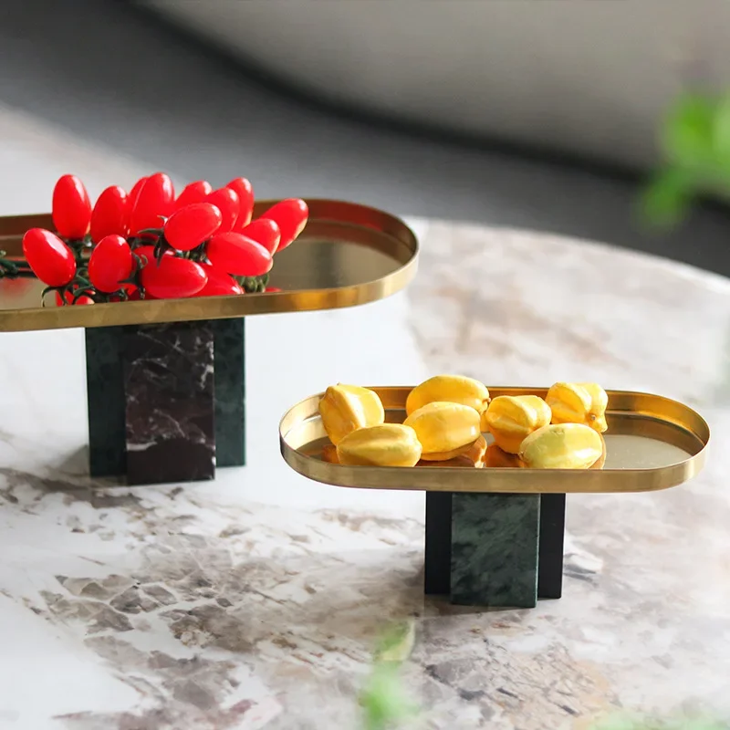 Marble Tray Oval Metal Tray Jewelry Storage Compote Fruit Dish Desktop Storage Container Geometric Highboard Home Decoration