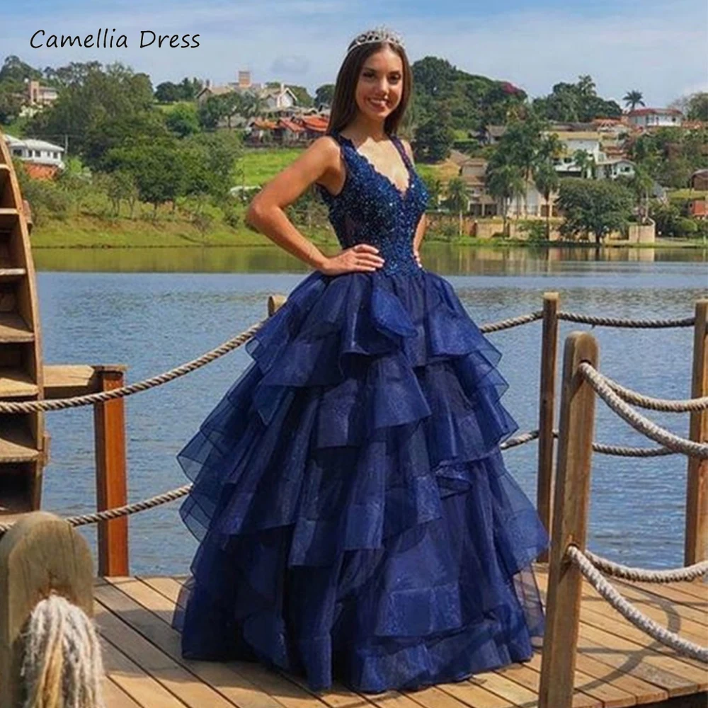 Elegante vestido De noche azul marino con cuello De pico, Vestidos De Fiesta formales De tul con cuentas