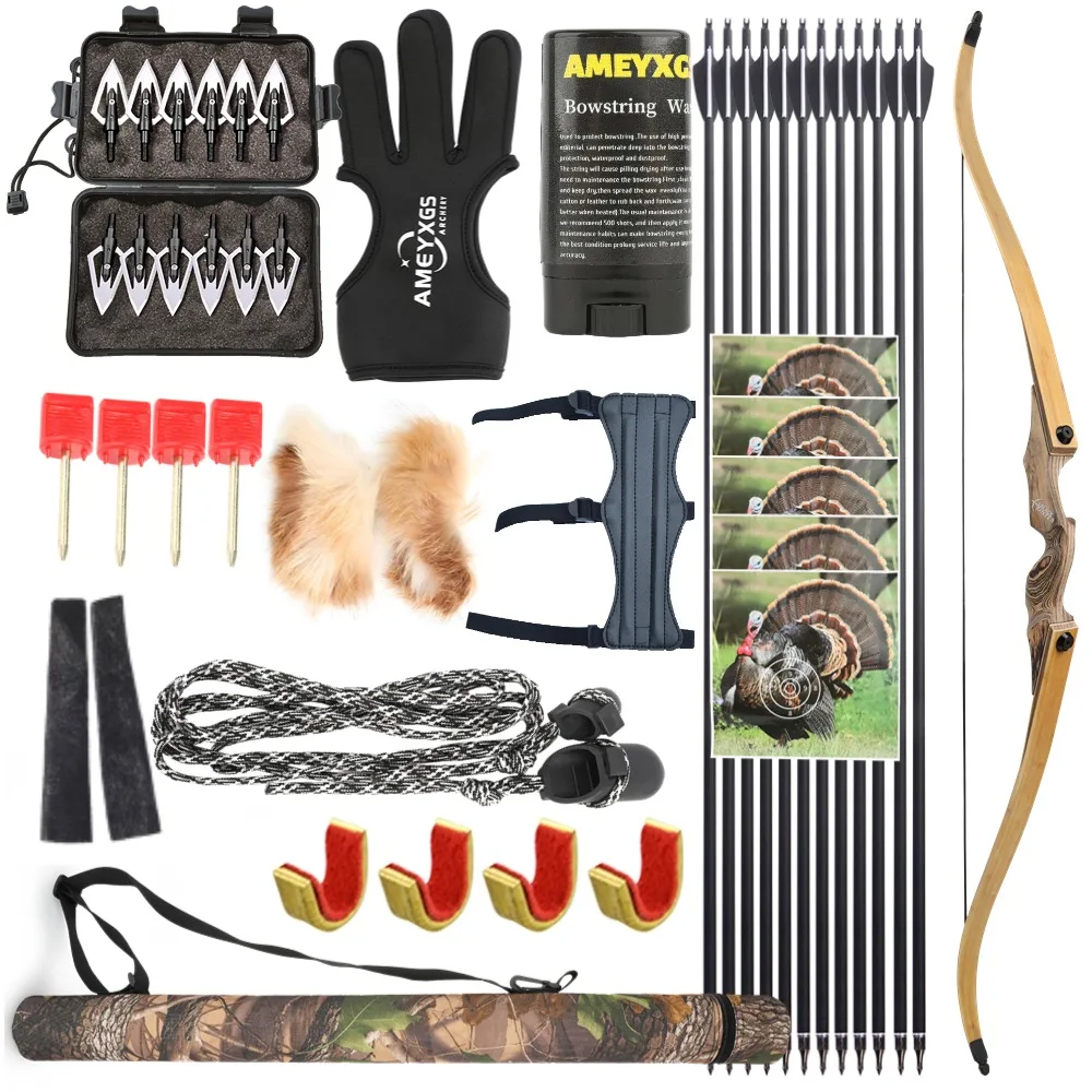 

60-дюймовый лук для стрельбы из лука, 20-60 фунтов, изогнутый лук, комплект стрел, бамбуковый сердечник, конечности, деревянная стойка, RH, разделенный лук, охотничья стрельба, мишень