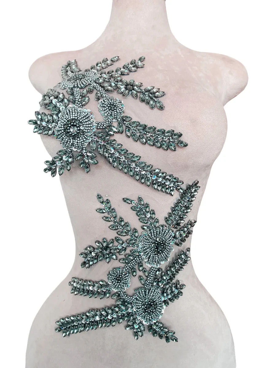 

18 Colors Customize Handwork Shiny Rhinestone Floral Material Evening Dress Fabric Beading Gown A Pair Fabric Accessories