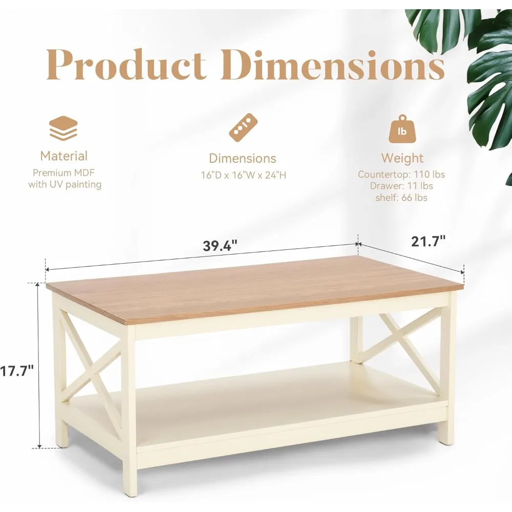 Coffee Table with Storage, Farmhouse Coffee Tables for Living Room 2-Tier Modern Coffee Table, Ivory